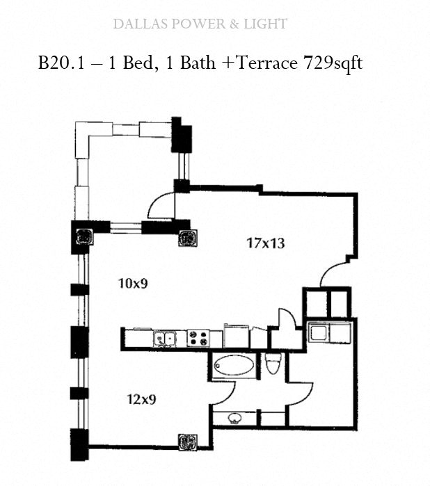 Floor plan for 1 bed, 1 bath, 729 sqft
